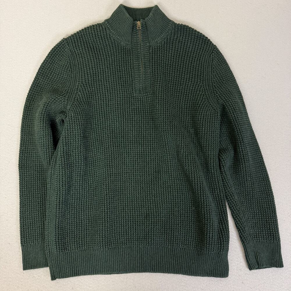 L.L.Bean Men’s L Tall Organic Cotton Waffle Knit 1/4 Zip Sweater Green